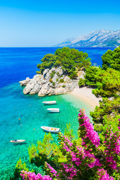 Makarska, Croatia. Crystal-clear turquoise waters and white pebble beaches in small bay of Punta Rata, Brela.
