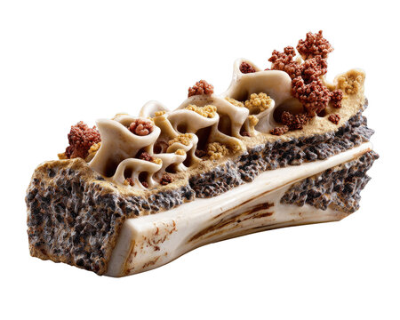 Cross-section of Bone Tissue: A detailed close-up reveals the intricate structure of bone tissue in cross-section, showcasing the spongy nature of cancellous bone and the dense cortical bone.