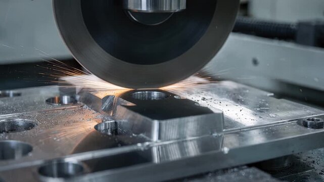 Closeup medium shot of forming die set being ground on a CNC machine emphasizing craftsmanship and smooth surface finishing