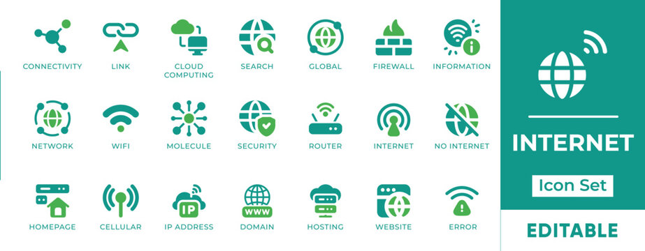 Internet Network Wifi Connectivity Cloud Hosting Topology Offline Domain Firewall Vector Icon Set