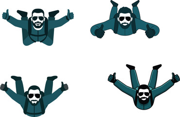 Skydiver character vector set skydiving in free fall wearing sunglasses and showing thumbs up sign © MDRONI