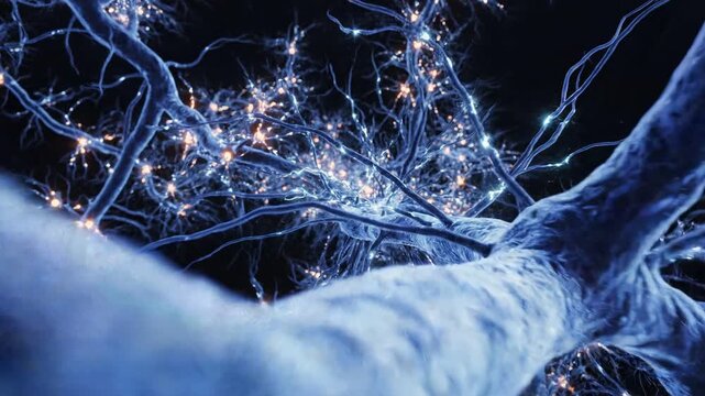 Dynamic 3d animation of interconnected neurons firing electrical impulses visualizing brain activity neural network and complex thought processes with glowing 4k Video