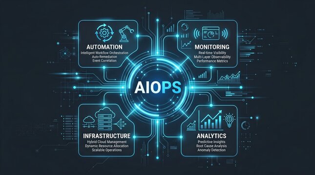 AIOps digital technology interface with automation monitoring infrastructure and analytics icons on blue circuit background, cloud computing, artificial intelligence, data management.