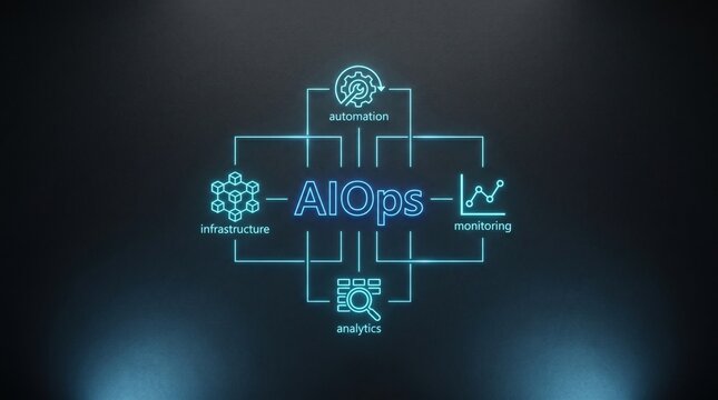 AIOps neon glowing infographic on dark textured background with icons for automation infrastructure monitoring and analytics, artificial intelligence operations, digital technology.