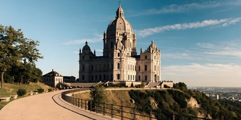 Obraz premium Large beige stone church with domes on hilltop overlooking city building architecture
