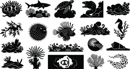 Underwater marine life silhouettes with coral reef fish, sea turtle, shark, octopus, shells, and scuba diving elements © Hello World