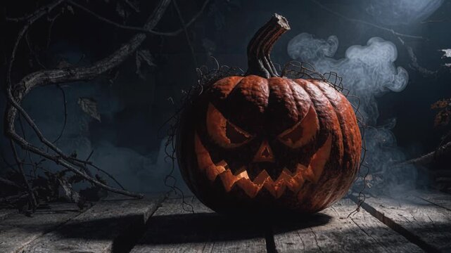 Scary pumpkin Halloween jack o lantern dark forest spooky night eerie atmosphere glowing eyes creepy smile carved face autumn fog horror scene