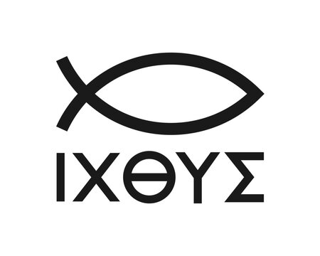 Ichthys sign with text. Jesus fish symbol with greek text. Iktys icon logo. Christianity christogram label. Vector illustration image.
