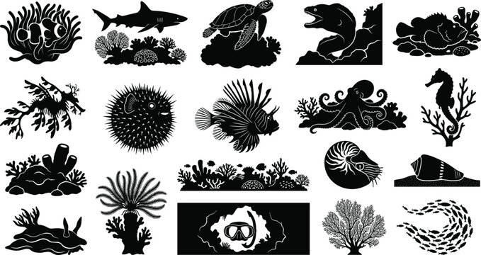 Underwater marine life silhouettes with coral reef fish, sea turtle, shark, octopus, shells, and scuba diving elements