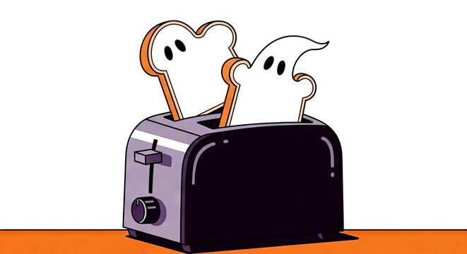 Cartoon ghosts popping out of toaster on orange background  