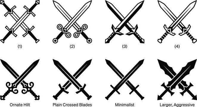 Crossed Sword Icon Collection Featuring Medieval Fantasy and Heraldic Weapon Silhouette Vector Designs