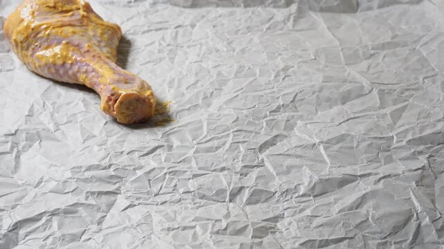 Male hand placing raw chicken drumsticks in spicy marinade on a baking sheet with parchment paper. Close-up of home cooking process	
