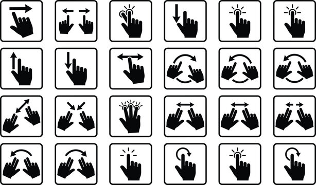 Touch Gesture Icon Vector Collection Showing Tap, Swipe, Drag, Pinch, Zoom, Rotate, Scroll, and Multi Touch Hand Gestures for Mobile App UI, UX Interfaces, and User Interaction Design