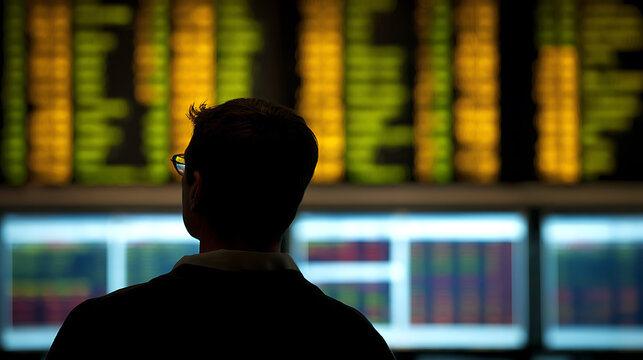 Silhouette of a man watching illuminated financial data displays, with multiple screens showing vibrant charts and numbers in a dark room setting