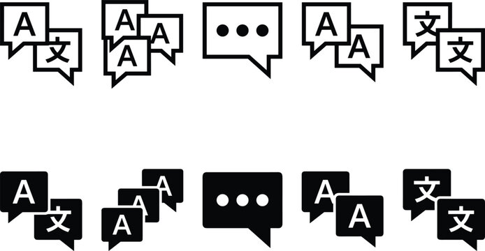 Translation and language chat icons set, multilingual communication symbols, text messaging, localization concept, black outline solid vector illustration