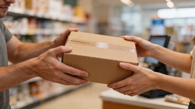 A person handing over a package to another person in a store, likely a customer and an employee, exchanging goods in a retail environment.