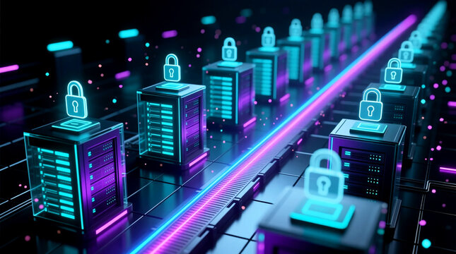 Isometric 3D network illustration of secure server modules with neon lock icons emphasizing robust zero trust cybersecurity and continuous digital identity verification