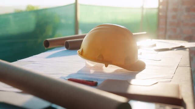 Helmet, architecture and blueprint on table with safety documents, construction or building design. Floor plan, paperwork and hardhat for ppe, equipment and tools for infrastructure development