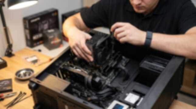 Soft focus blurred photo of Person assembling a custom gaming computer desktop pc inside a black case on a wooden desk with electronic components and tools nearby in a bright room