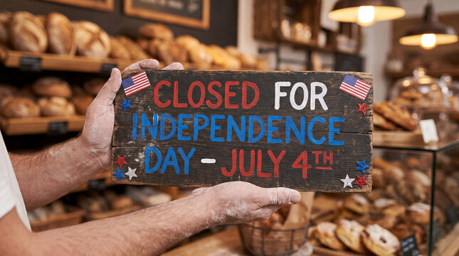 bakery closed for Independence Day July 4 holiday closure sign professional holiday hours message flour dusted baker hands hold patriotic notice near bread shelves for food retail customer hours and