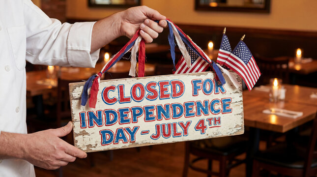 restaurant closed for Independence Day July 4 holiday closure sign warm shop interior display dining room owner holds rustic patriotic notice with flags for hospitality customers meal service and