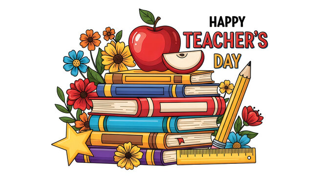 Teacher's Day Celebration Illustration with Books and Flowers