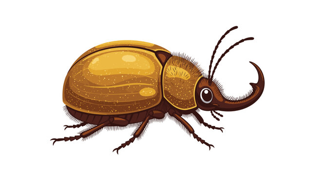 Detailed illustration of golden rhinoceros beetle with large horn and shimmering shell showing realistic textures and insect anatomy.