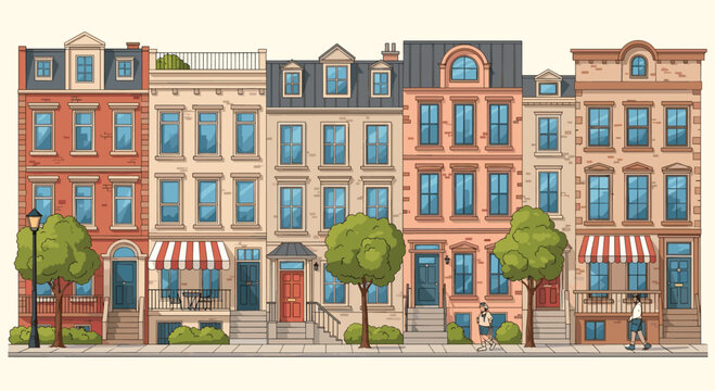 Long row of colorful classic brownstone townhouses with multiple floors large windows and trees along city sidewalk during daytime.