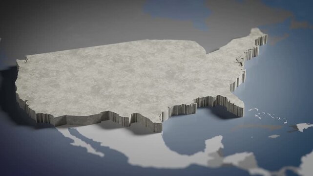 World map animation Birds eye view above United States of America, American, USA, New York City, North America, with highlighted country borders. Cinematic 3d world map animation highlights aerial vie
