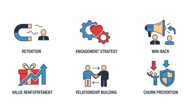 Business Strategy Icons: Retention, Engagement, Win-Back, Value, Relationships, Churn