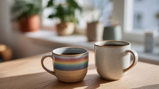 Two ceramic coffee mugs, one with a rainbow stripe and the other in a speckled finish, placed on a wooden table near a sunlit window with plants in the background