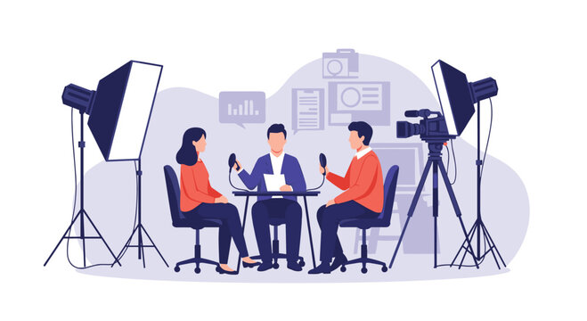 Professional video production team recording a talk show or podcast interview in a studio with cameras and lighting gear.