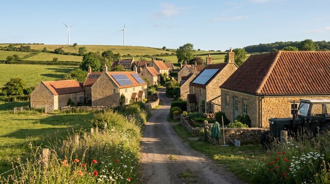 Village microgrid with rooftop solar and small wind on rural ridge