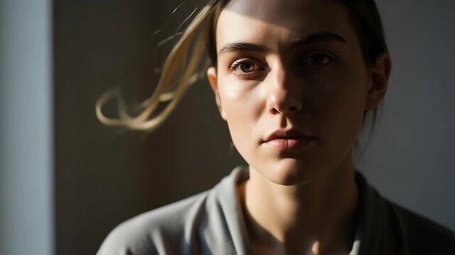Portrait of a woman bathed in dramatic sunlight, casting shadows across her face. Her gaze is direct and contemplative
