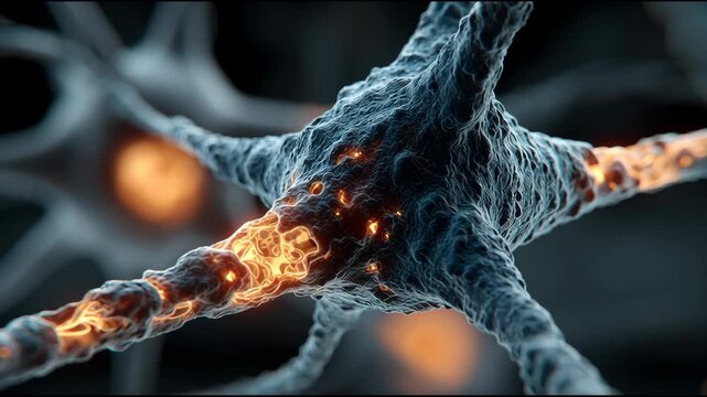 Abstract illustration of human neuron cell with glowing synapses and axons, representing neural network and brain activity