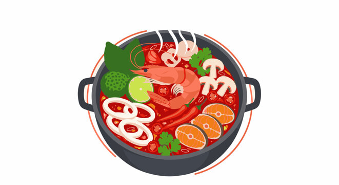 A steaming bowl of spicy seafood soup with shrimp, fish, and vegetables