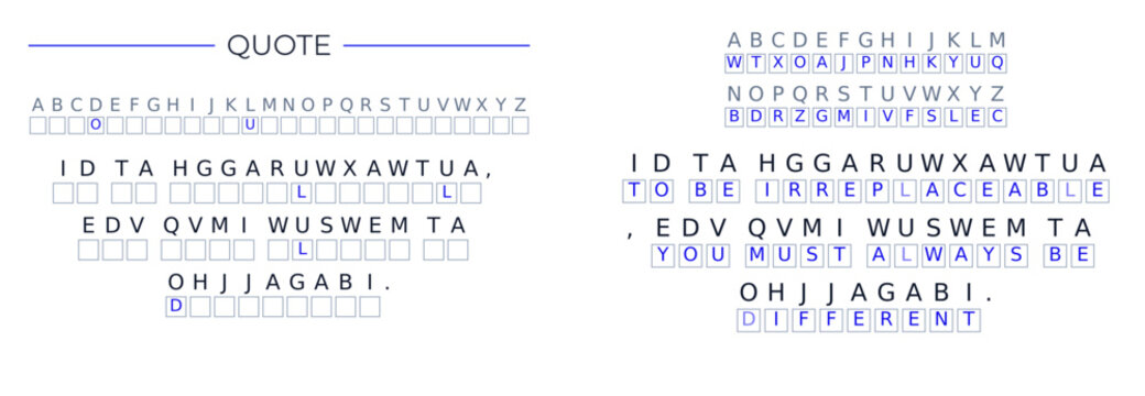 Famous Quote Cryptogram Puzzle with Solution Vector: "To be irreplaceable, you must always be different" by Coco Chanel Substitution Cipher Game Sheet with Answer Key for KDP Activity Book