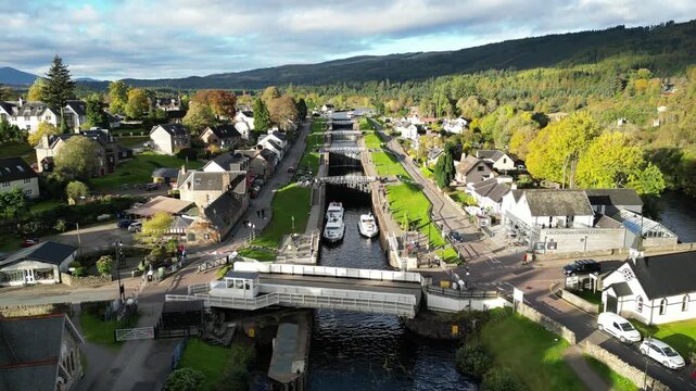 4K Aerial  Shot Flying flying backward Lock Chambers at Fort Augustus in the Parish of Boleskine and Abertarff, South‑West End of Loch Ness