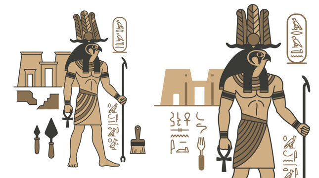 Ancient Egyptian god Horus with hieroglyphs, temple, and tools, vector illustration