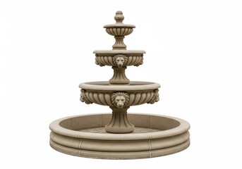 Fototapeta premium Three tiered stone garden fountain featuring ornate carved lion head details isolated on white background