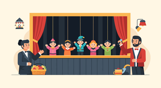 Professional puppeteers performing an engaging show for children using a variety of cute character hand puppets.