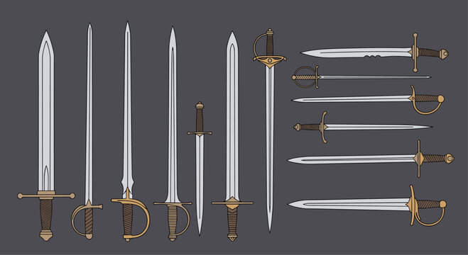 Diverse selection of historical combat swords and daggers including rapiers sabers and traditional longswords.