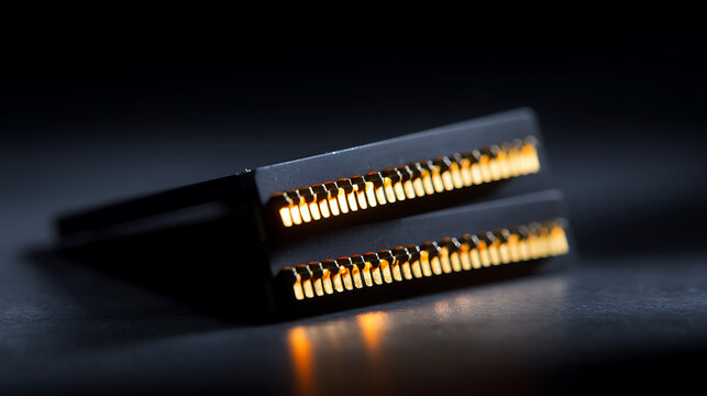 Close-up of golden electrical contacts on two components, showcasing intricate microelectronics and precise engineering with high-tech details