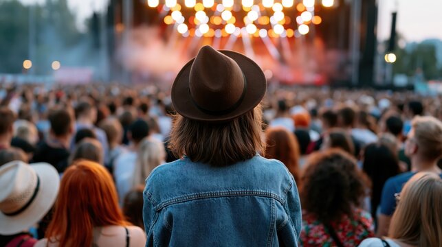 Back view of a diverse crowd facing a giant outdoor stage with bright lights