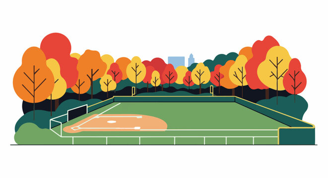 Autumn baseball field with colorful trees and distant city skyline
