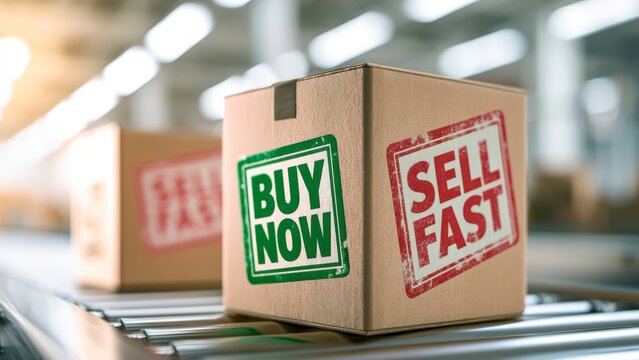 Cardboard package with buy now and sell fast sign on a warehouse conveyor