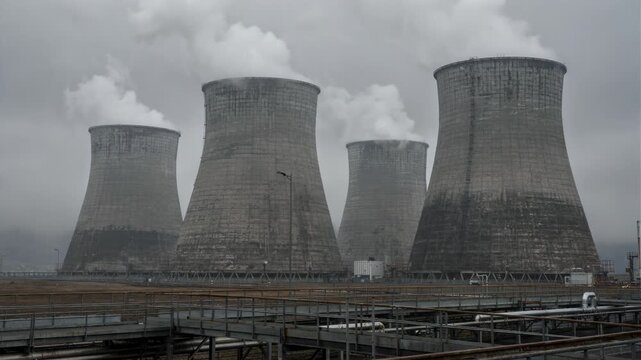Medium shot featuring cooling towers with mild steam release during overcast weather showcasing essential utilities sustaining industrial operations in a calm atmosphere