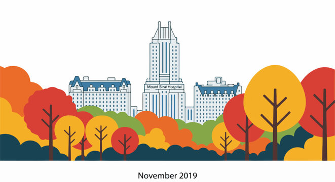 Autumn cityscape with trees in vibrant fall colors and a skyline with buildings