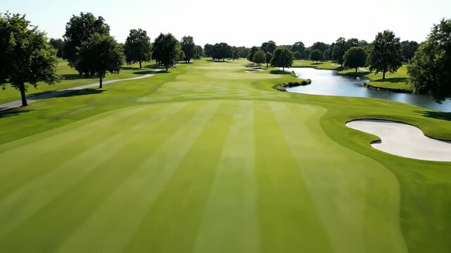 Expansive emerald fairways adorned with meticulously manicured stripes invite leisurely swings across a verdant landscape leading towards shimmering water features and strategically placed sand
