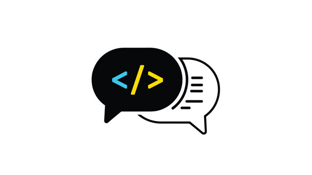 Programming chat bubbles icon featuring code brackets and a slash symbol represents software development and communication among developers.